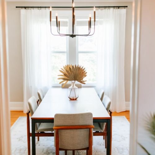Gather around: this dining area is perfect for hosting, with enough seating for six people to enjoy a meal together in comfort.