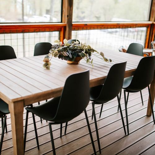 Dine with a view at the back of our cabin, where you can enjoy stunning sights of Jasper Highlands while savoring your meal in comfort and style.