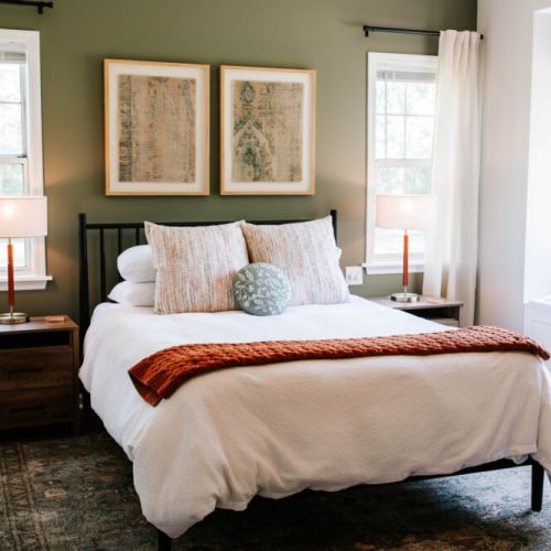 Soft light, cozy textures, and calming hues.  A restful bedroom retreat designed for slow mornings and sweet dreams.