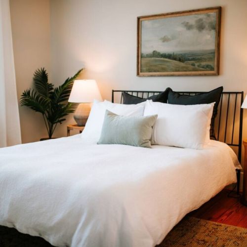 Each bedroom has a comfy queen-sized bed featuring a Purple mattress and organic cotton sheets!