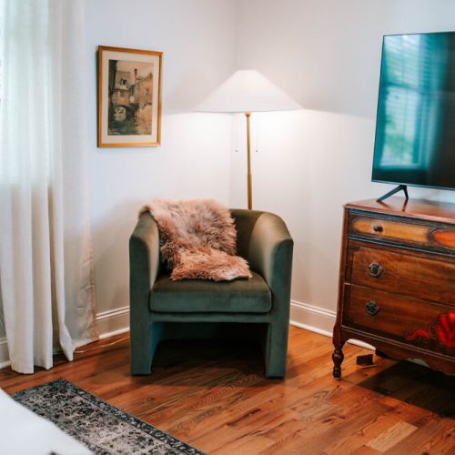 Unwind in comfort and style in our bedroom,  with a flat-screen TV for your entertainment.