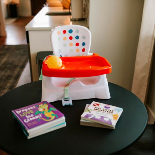 Family-friendly amenities! Our cabin includes a Hopscotch Lane Booster Seat with Tray, perfect for your little one's dining needs.