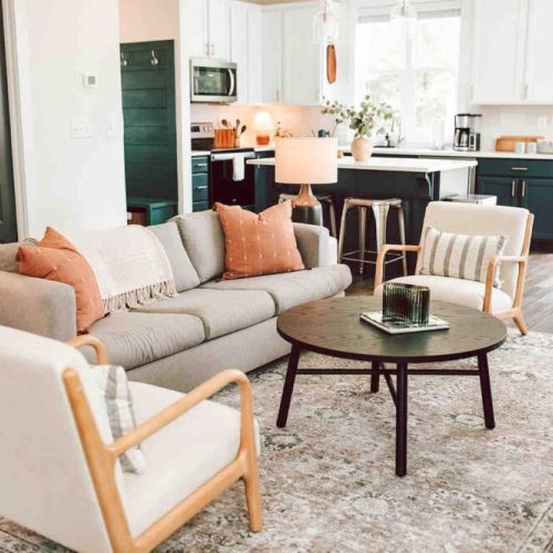 Space-saving comfort: this living room features a queen-sized pull-out sofa bed, offering a cozy retreat for guests without compromising on style or space.